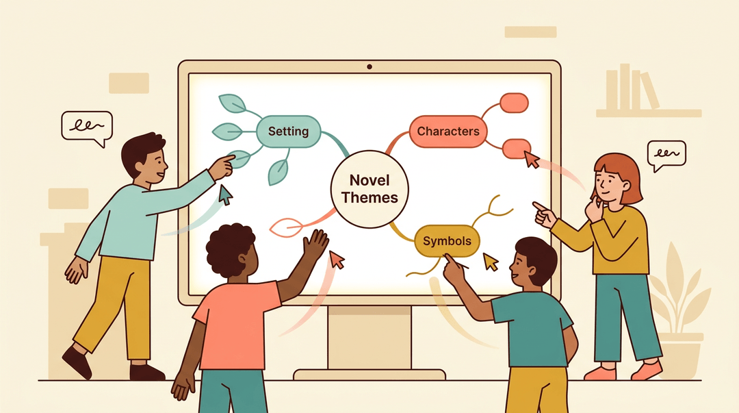 Four diverse students collaboratively add branches to a shared digital mind map on a large touchscreen.