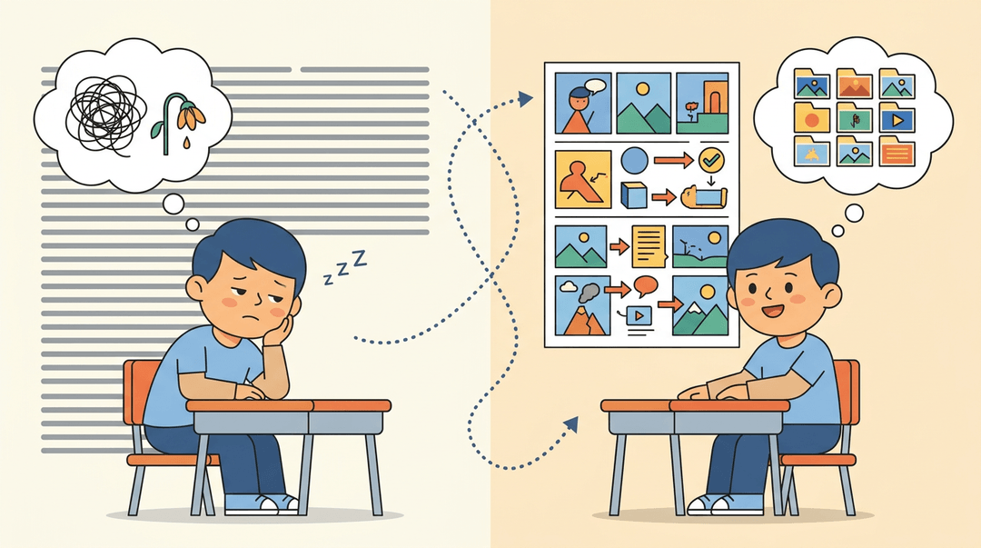 Student transitions from bored with plain text to engaged by colorful visuals, showing improved focus.