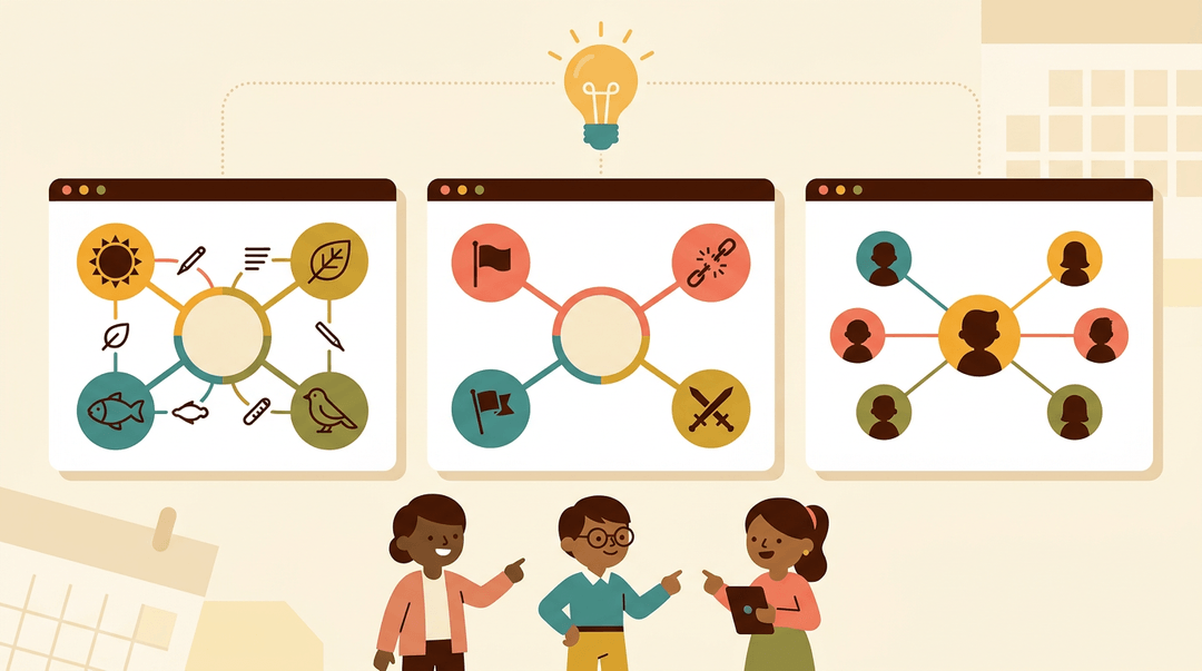Three mind maps for science, history, and English connected by a lightbulb, with diverse teachers pointing below.