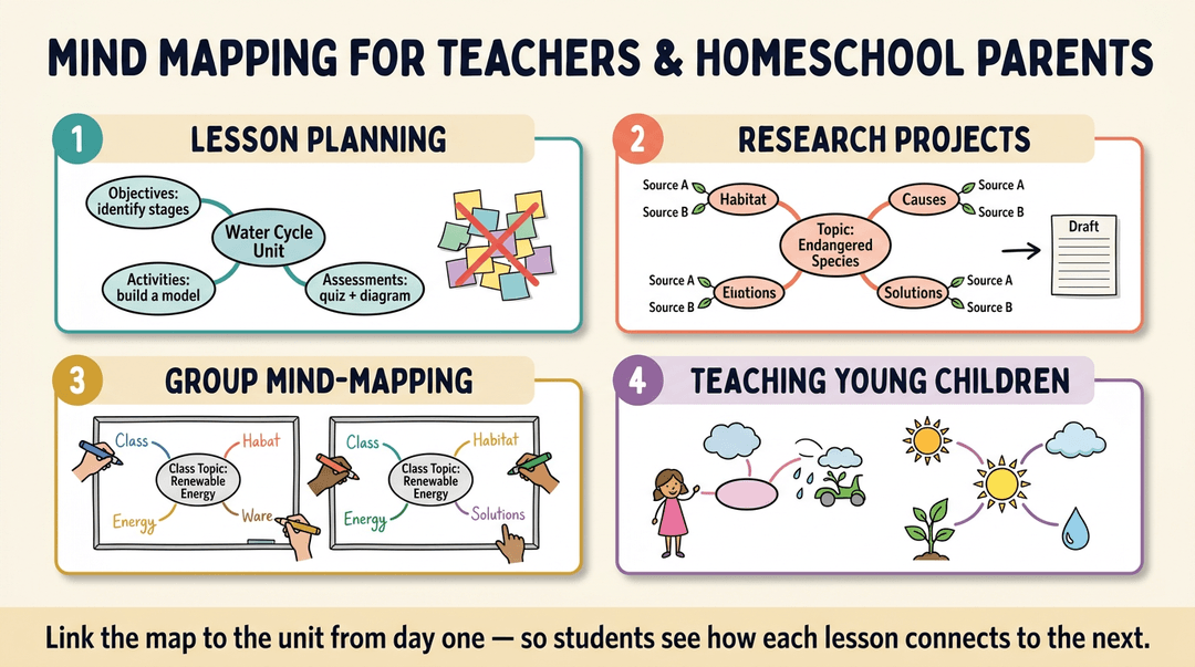 Infographic showing four mind mapping examples for teachers: lesson planning, research, group work, and young children.