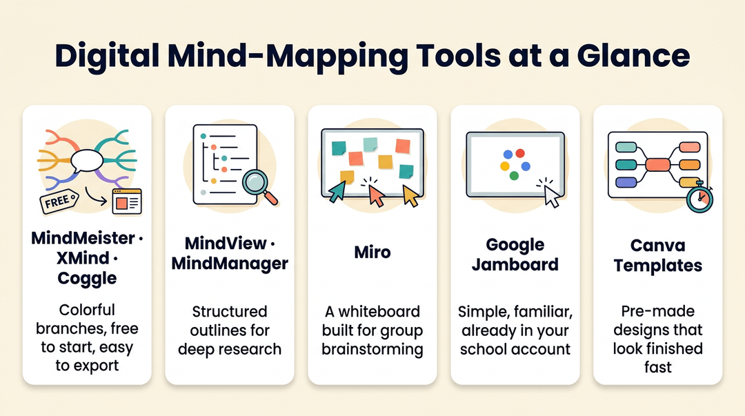Infographic comparing five digital mind-mapping tools like MindMeister, Miro, and Canva with icons and brief descriptions.