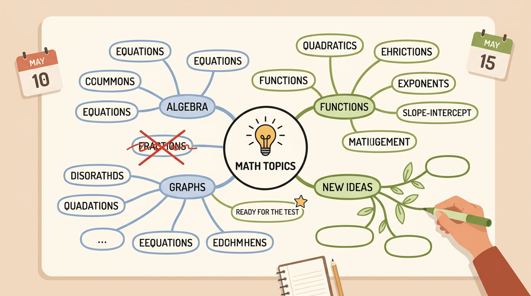 Student adds green marker to mind map, showing revision with crossed-out blue branch and calendar icons symbolizing separate study days.