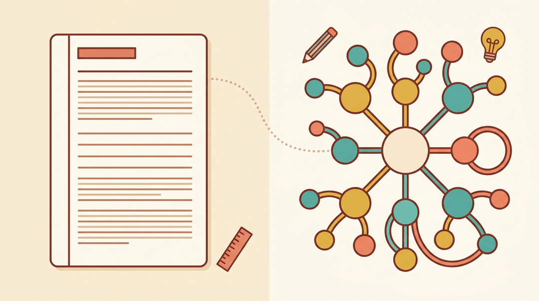 Contrast between structured linear notes and colorful associative mind maps in a flat vector illustration.