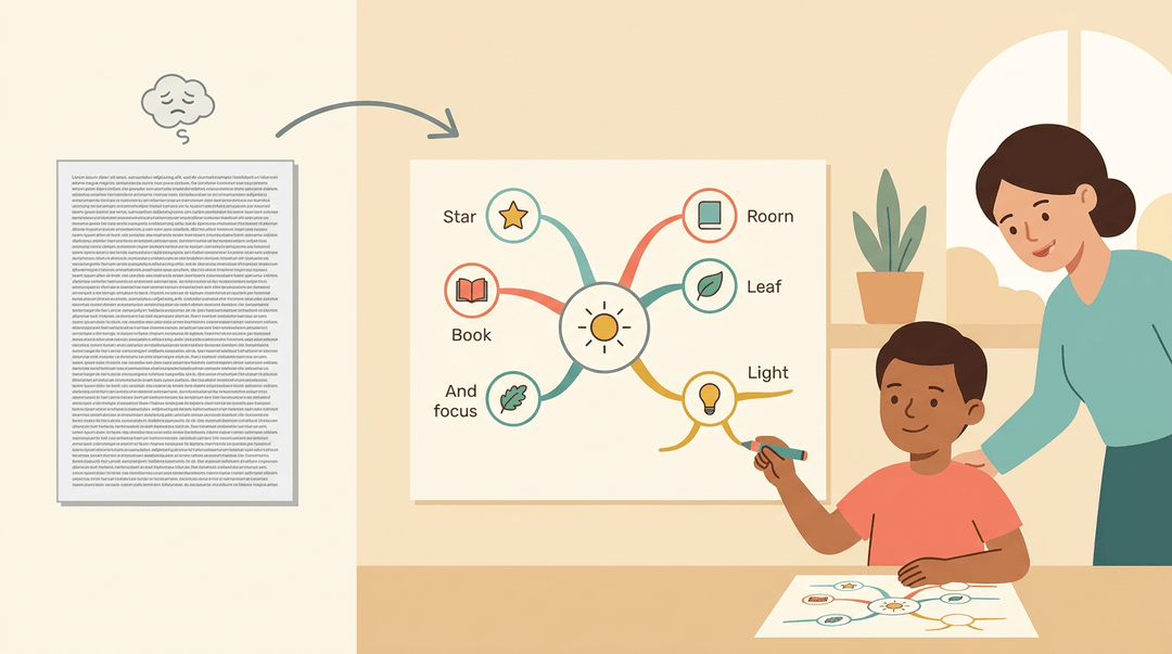 A student and teacher smile beside a mind map, contrasting cluttered text with clear visual notes.