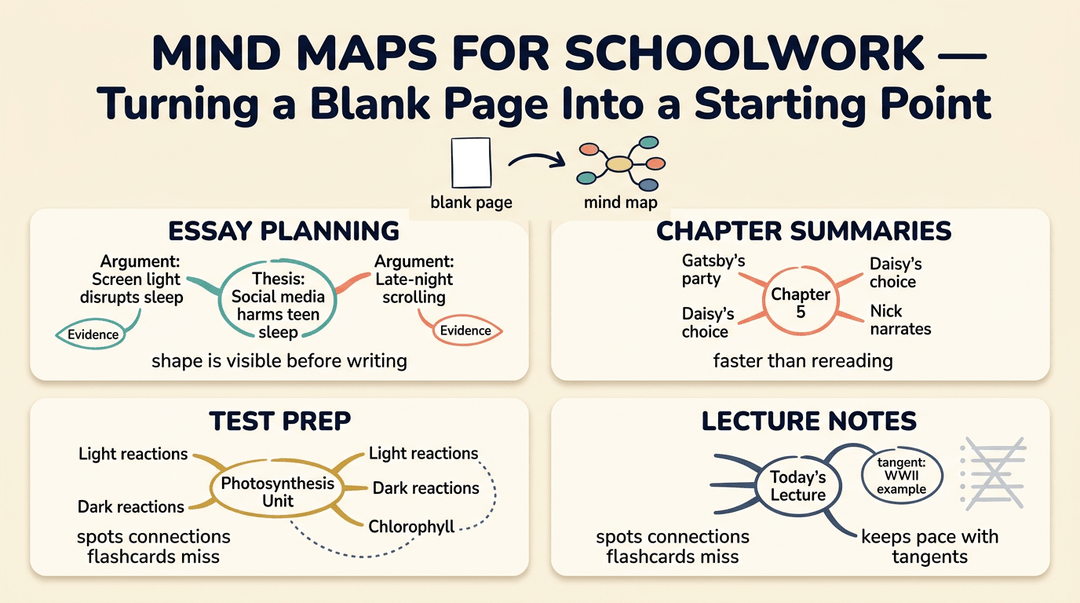 Infographic showing mind maps for essay planning, chapter summaries, test prep, and lecture notes on a cream background.