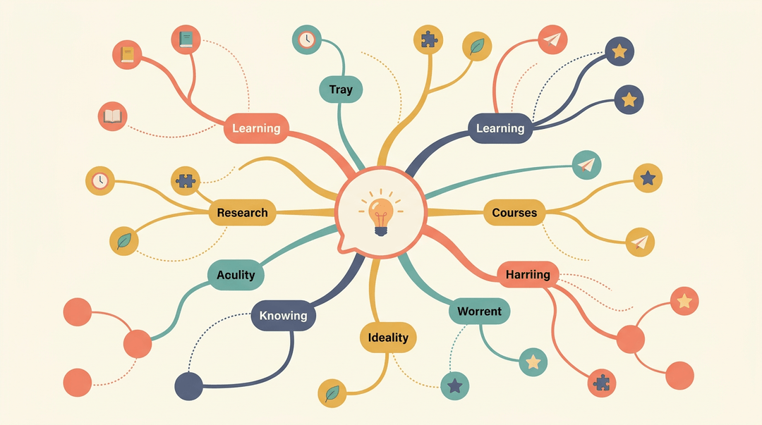A radiant mind map with a glowing central lightbulb and organic branches ending in icons like books and stars.