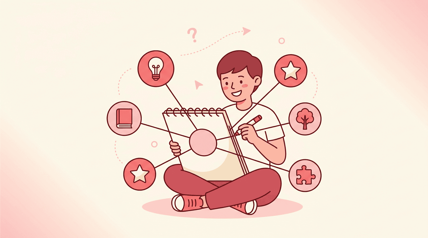 Student drawing a mind map with branching icons like a lightbulb and book, illustrating organized thinking.