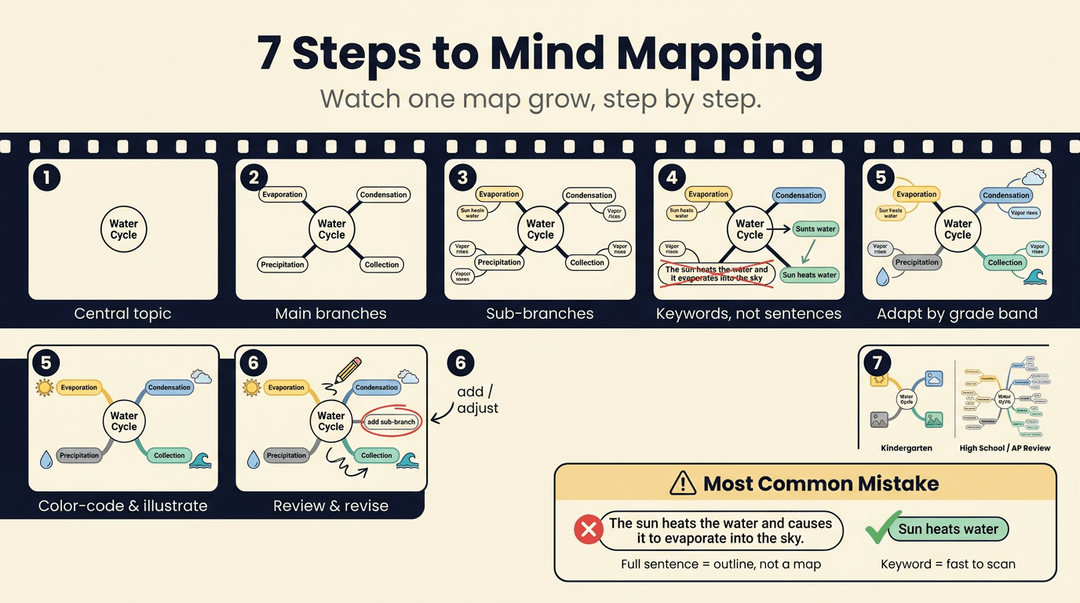Infographic showing 7 steps to build a water cycle mind map, from central topic to color-coded branches and grade adaptations.
