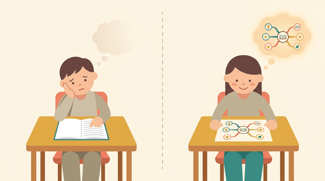 A split image contrasts a confused student with fading memory against a smiling one using a colorful mind map for strong recall.
