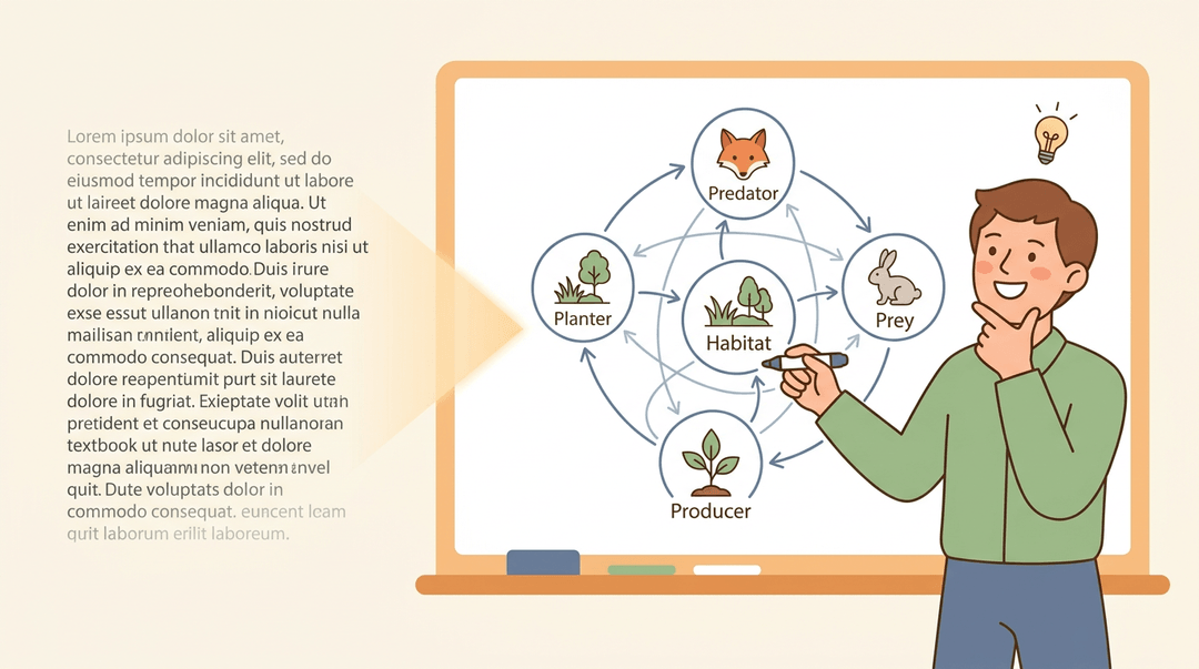 A teacher draws a clear food web mind map, transforming confusing text into visual clarity.