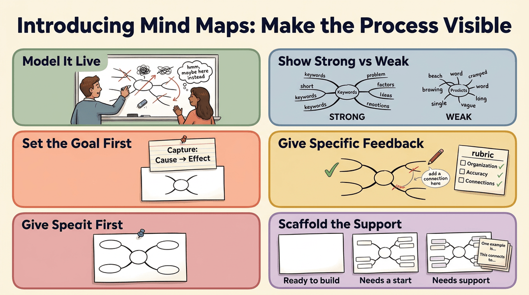 Five-step guide to teaching mind maps: model live, compare strong vs weak, set goals, give feedback, and scaffold support.