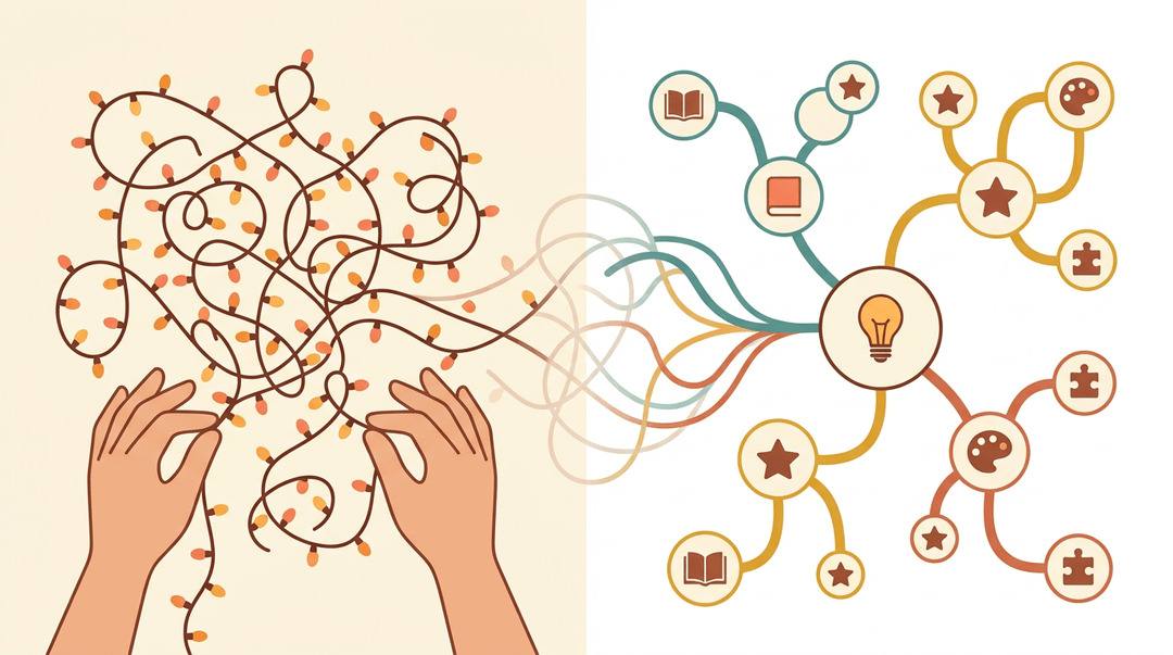 Hands untangle holiday lights that transform into an organized mind map, symbolizing clarity emerging from chaos.