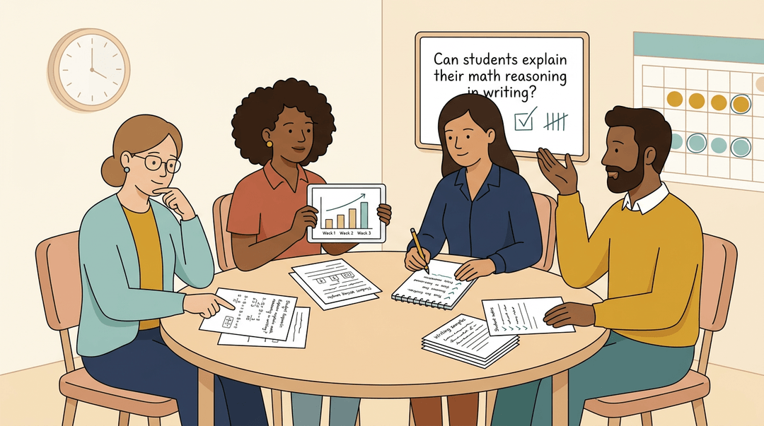 Four teachers review student writing and math charts around a table, discussing reasoning skills in a collaborative classroom setting.