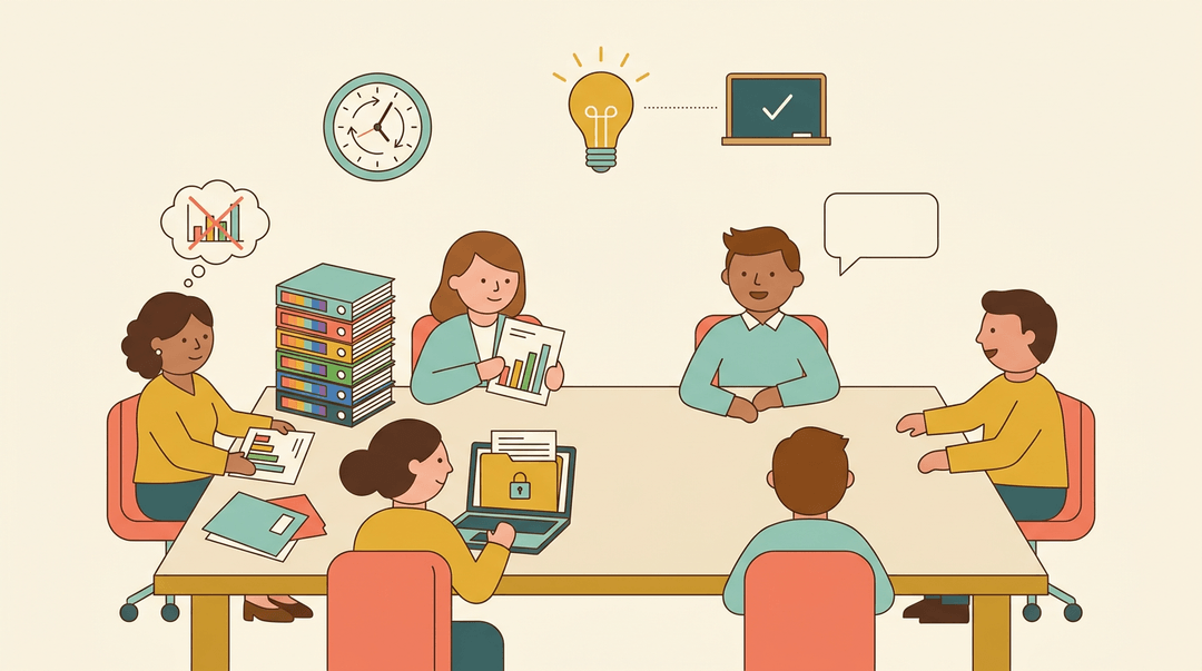 Teachers sit at a cluttered table with hidden agendas, while a lightbulb and chalkboard symbolize clear focus on the right.