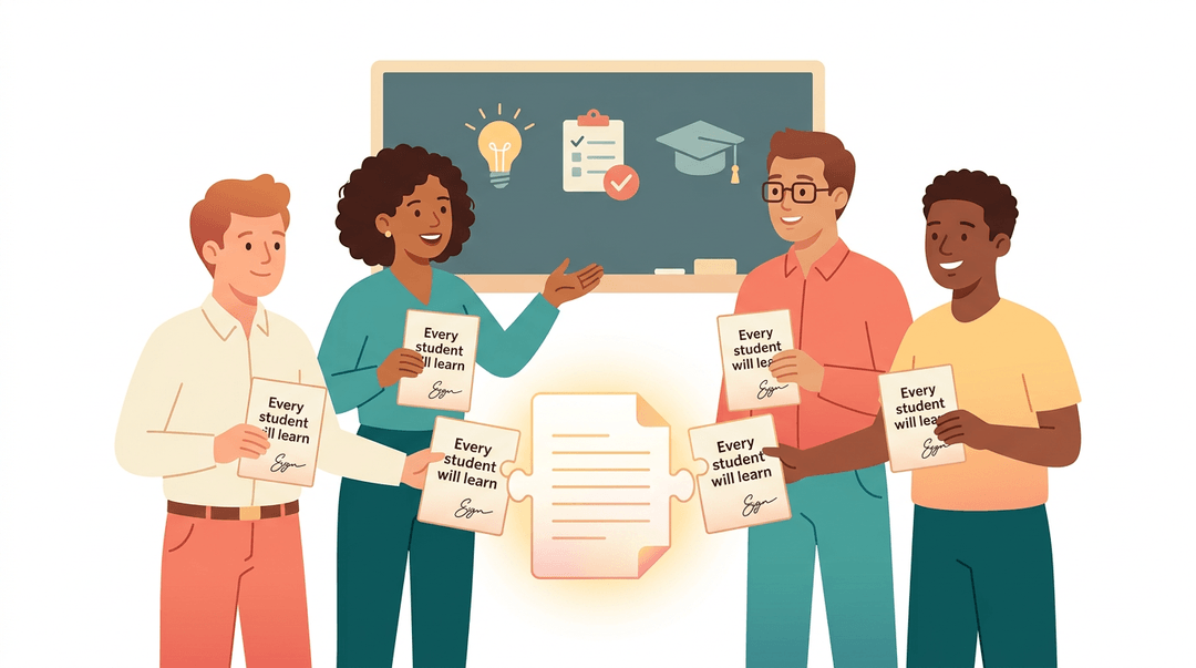 Five diverse teachers hold cards forming a pledge to help every student learn, symbolizing collaborative growth.