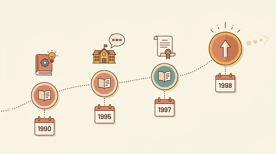 A timeline of four milestones from 1990 to 1998 showing the growth of an educational concept.