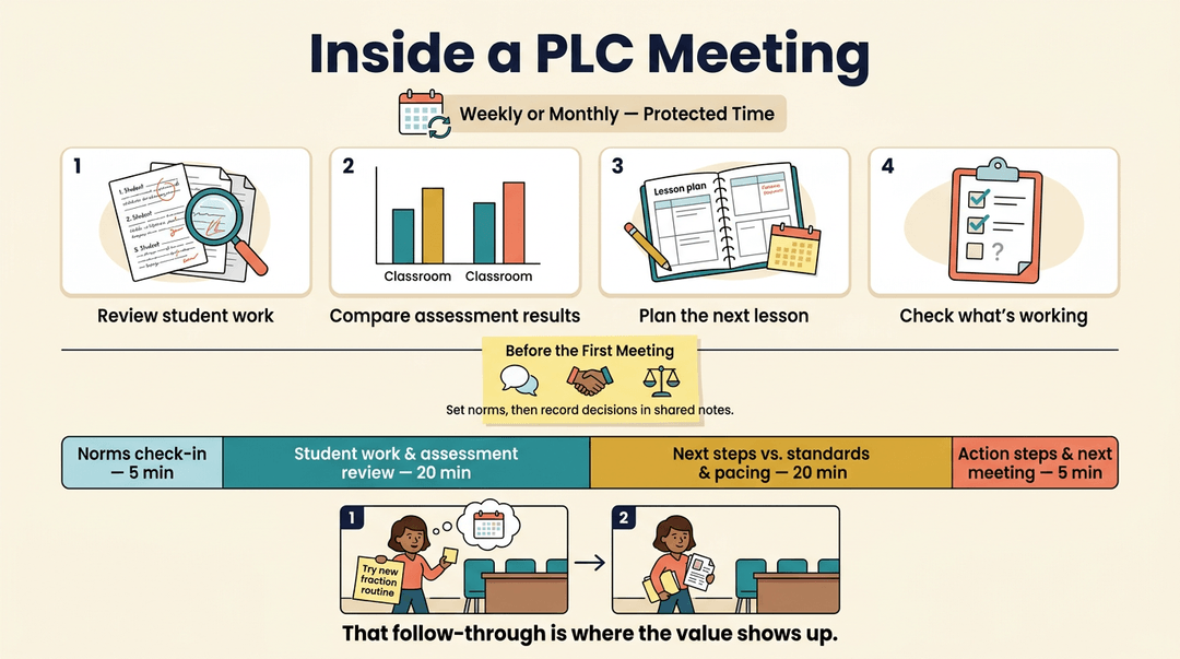 Infographic detailing a 50-minute PLC meeting agenda, covering work review, assessment comparison, lesson planning, and action steps with follow-through.
