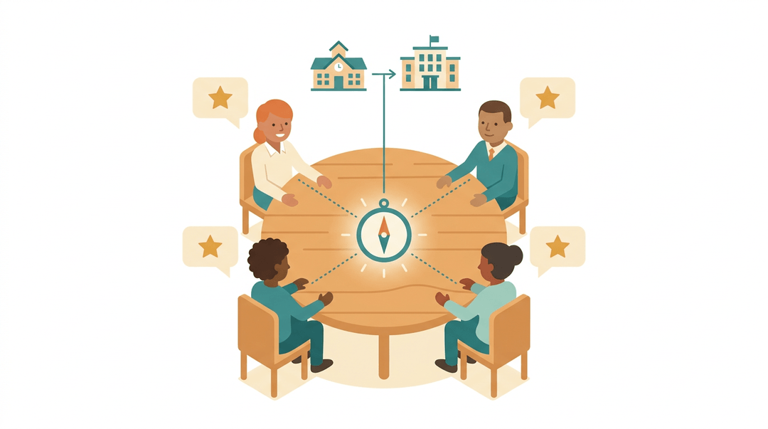 Four teachers share one idea, symbolized by stars and lines converging on a compass, aligned with school and district goals.