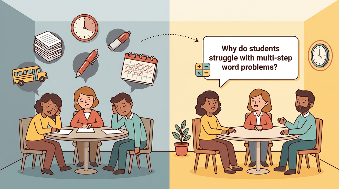 Teachers shift from stress to collaboration, focusing on solving multi-step word problems in a calm, organized setting.