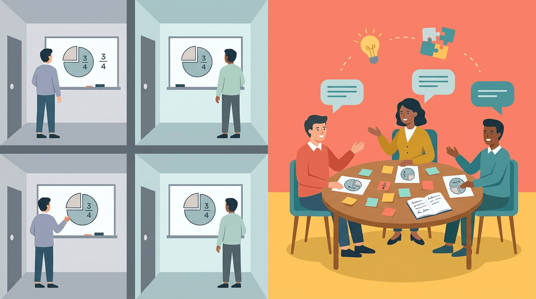 Split image showing isolated teachers in separate rooms on the left versus collaborating around a table in an open space on the right.