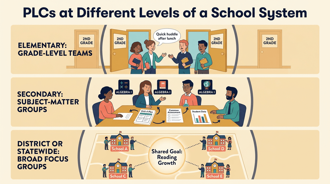 Illustration showing PLCs at elementary, secondary, and district levels using hallway chats, subject meetings, and connected school maps.