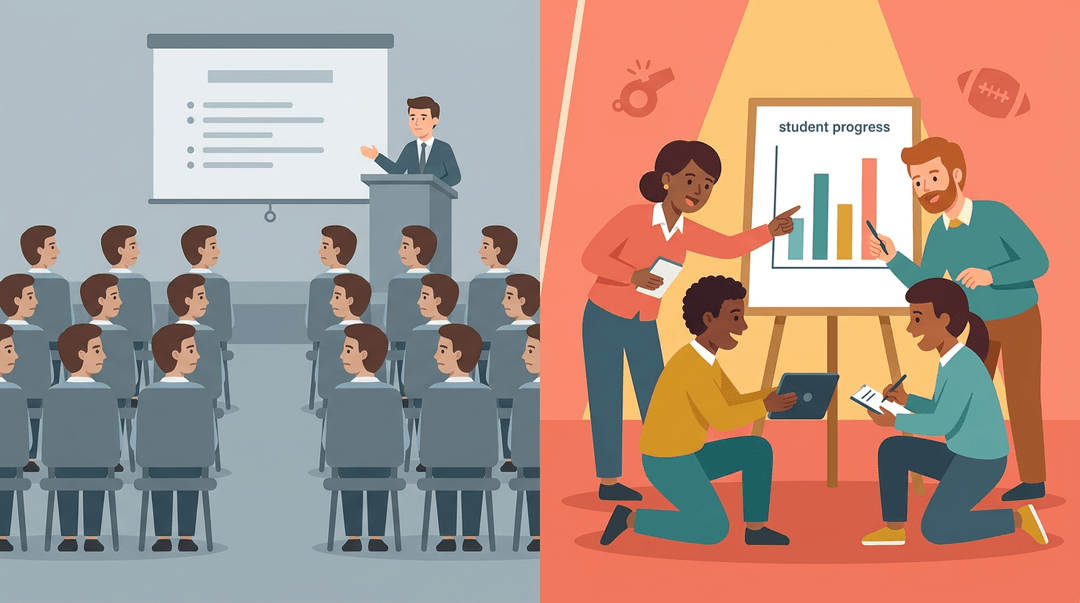 A split image contrasts passive teachers in a lecture hall with engaged educators collaborating in a sports-style huddle.