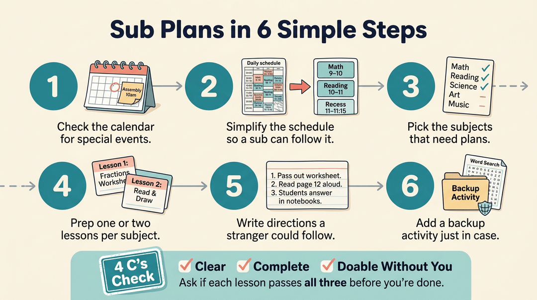 Infographic showing six steps for creating substitute plans, ending with a four C's checklist for clarity and completeness.