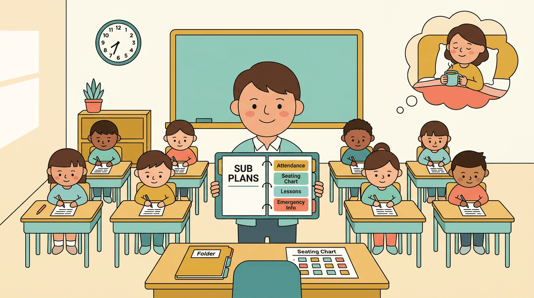 A substitute teacher holds a sub plans binder in a tidy classroom while the regular teacher rests at home.