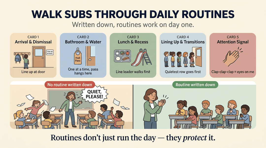 Visual guide showing how written classroom routines help substitute teachers manage daily tasks and maintain order effectively.