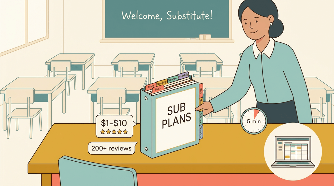 A substitute teacher picks up a sub plan binder on a tidy desk, symbolizing quick, organized preparation with positive reviews.