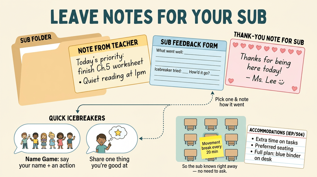 An infographic showing sub folder notes, icebreakers, seating charts, and accommodations for teachers to leave substitutes.
