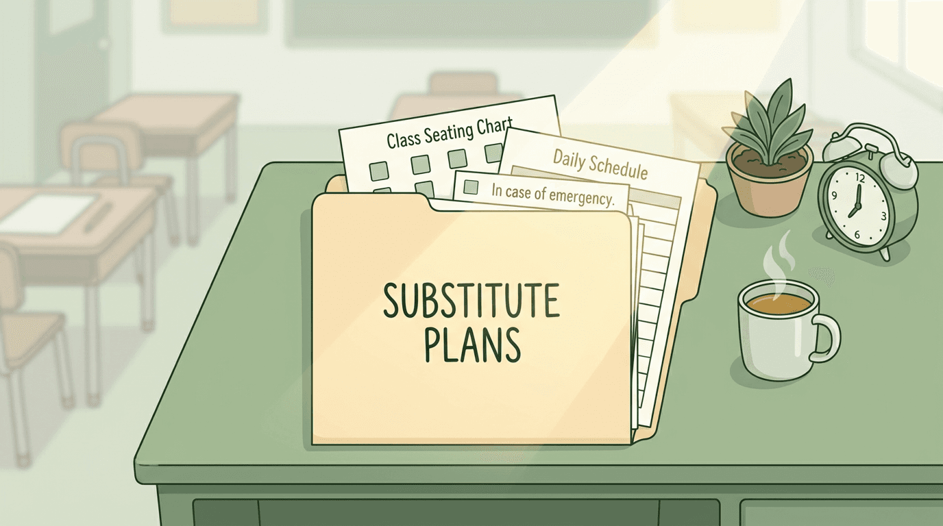 Top-down view of a teacher's desk with open substitute plans, tea, and plant, symbolizing calm organization.