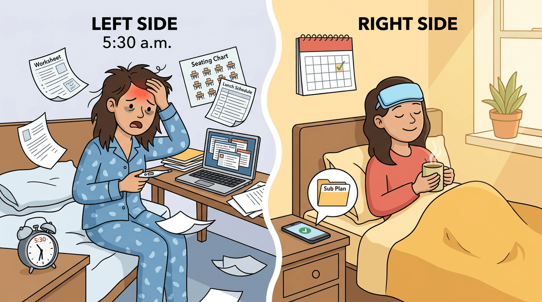 A teacher rests peacefully in bed with a sub plan ready, contrasting her previous stressed state.