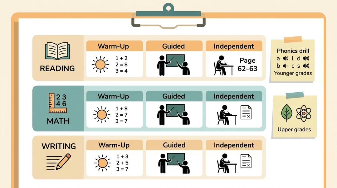 A flat vector illustration of a substitute teacher's lesson plan on a clipboard, organized into reading, math, and writing blocks with icons.