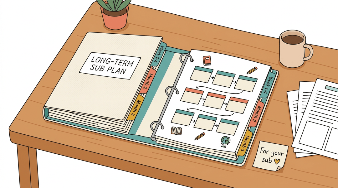 Open binder with long-term sub plans and pacing guide on a tidy desk with sticky note, plant, and coffee mug.