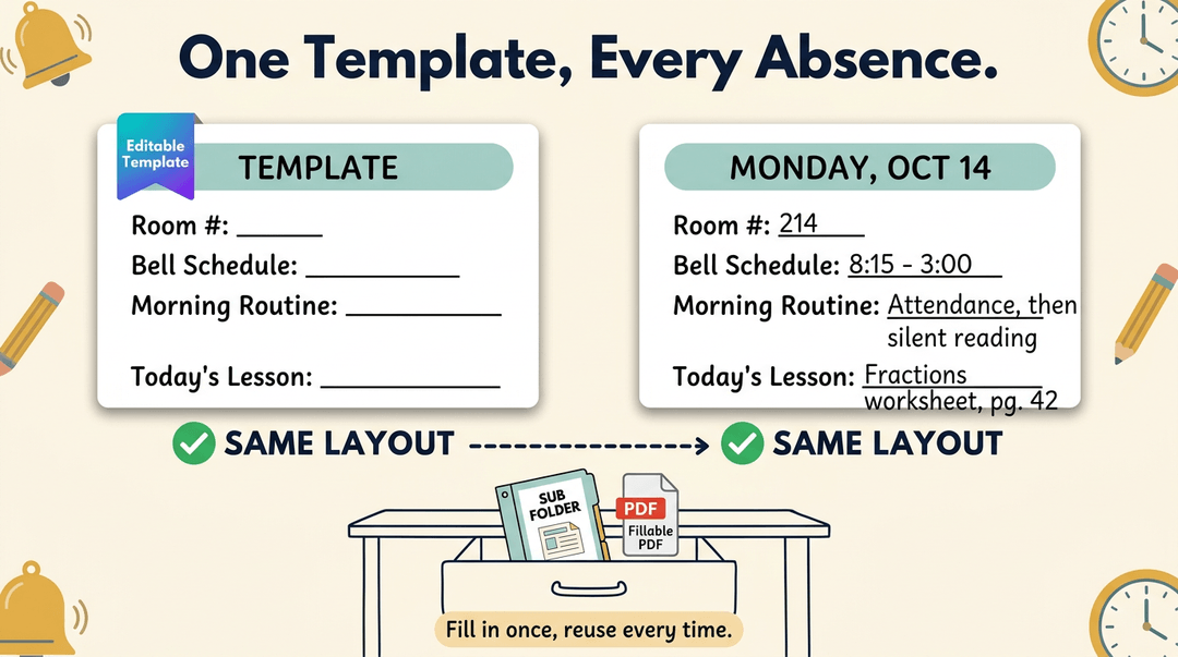 An infographic shows how one editable substitute teacher template maintains the same layout for different days, with a drawer labeled