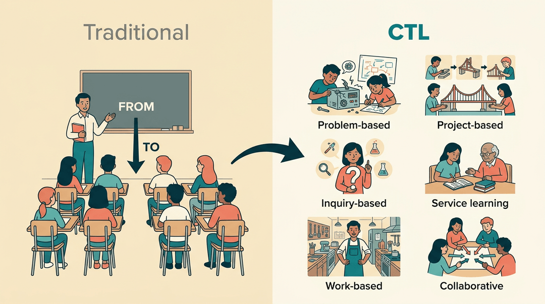 A two-part graphic contrasting traditional teaching (teacher to passive students) with active, student-centered learning (CTL).