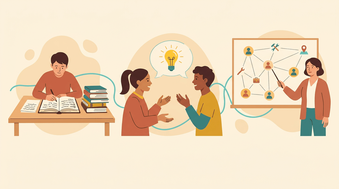 Three interconnected students and a teacher in an educational setting, illustrating knowledge as a distributed network.