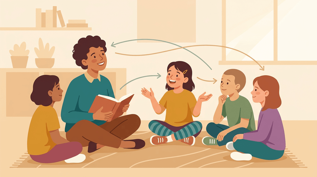 A teacher and students sit in a circle, leaning forward, with subtle arrows showing a two-way exchange of ideas.