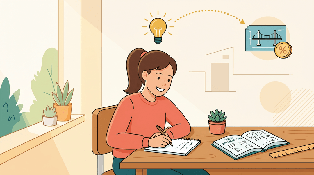 A student confidently writes in a notebook, with a glowing lightbulb connecting classroom knowledge to real-world applications.