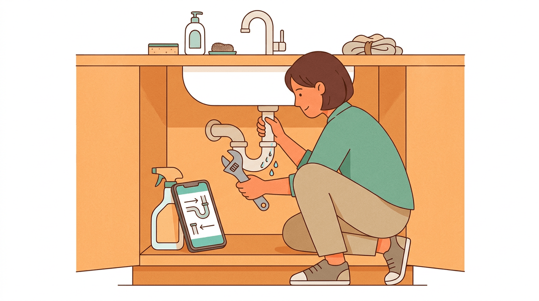 A person fixes a leaky pipe under a kitchen sink, learning from a how-to diagram on their phone.