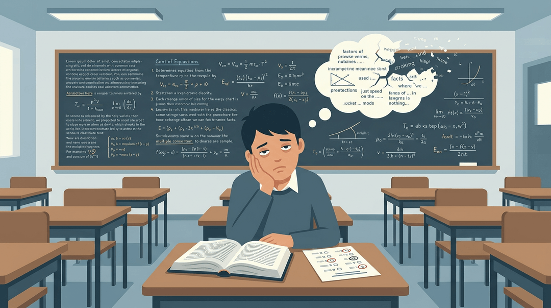 A bored student sits at a desk facing a chalkboard, with knowledge dissolving from a thought bubble above their head.