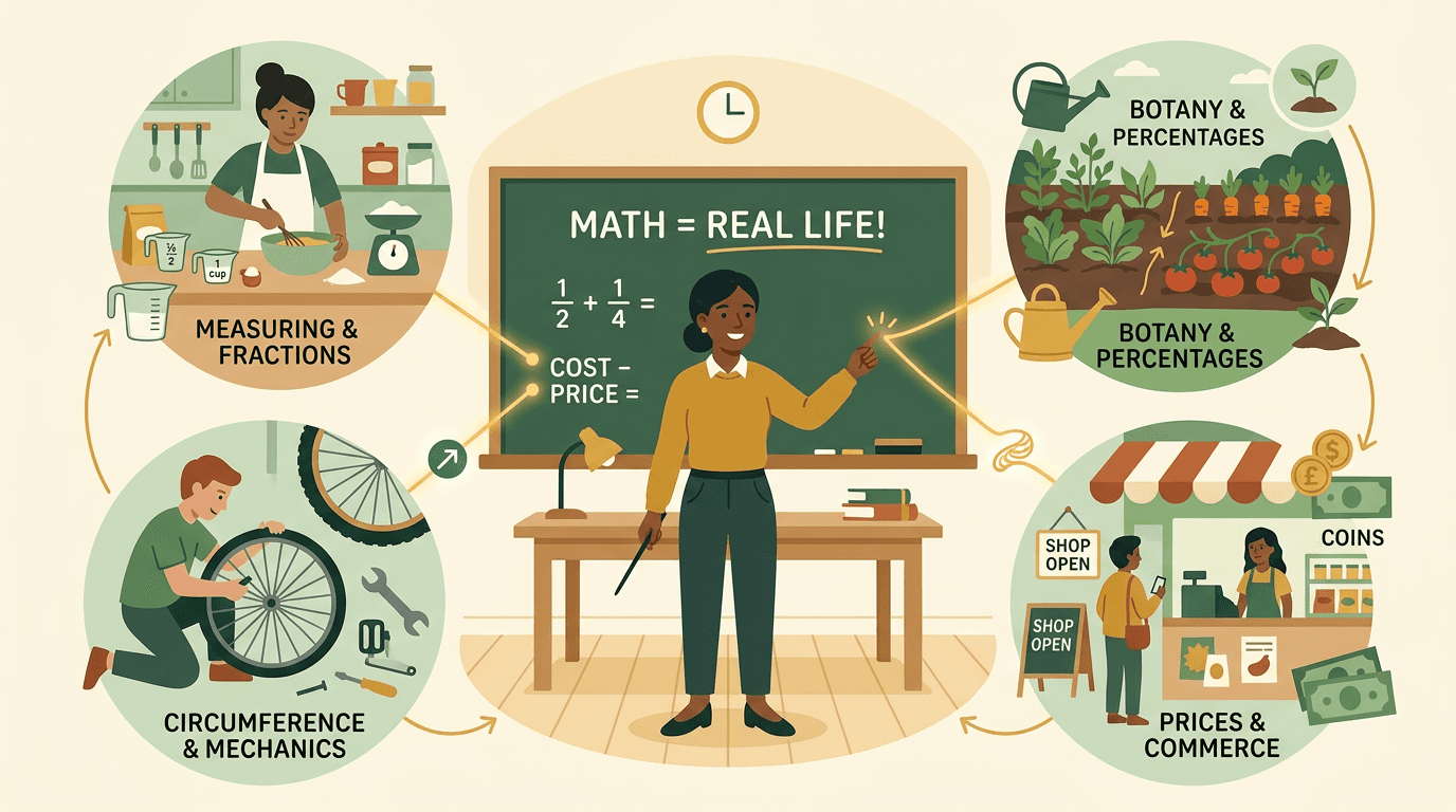 A teacher points to a web of real-world scenes connected by glowing threads, illustrating linked knowledge.