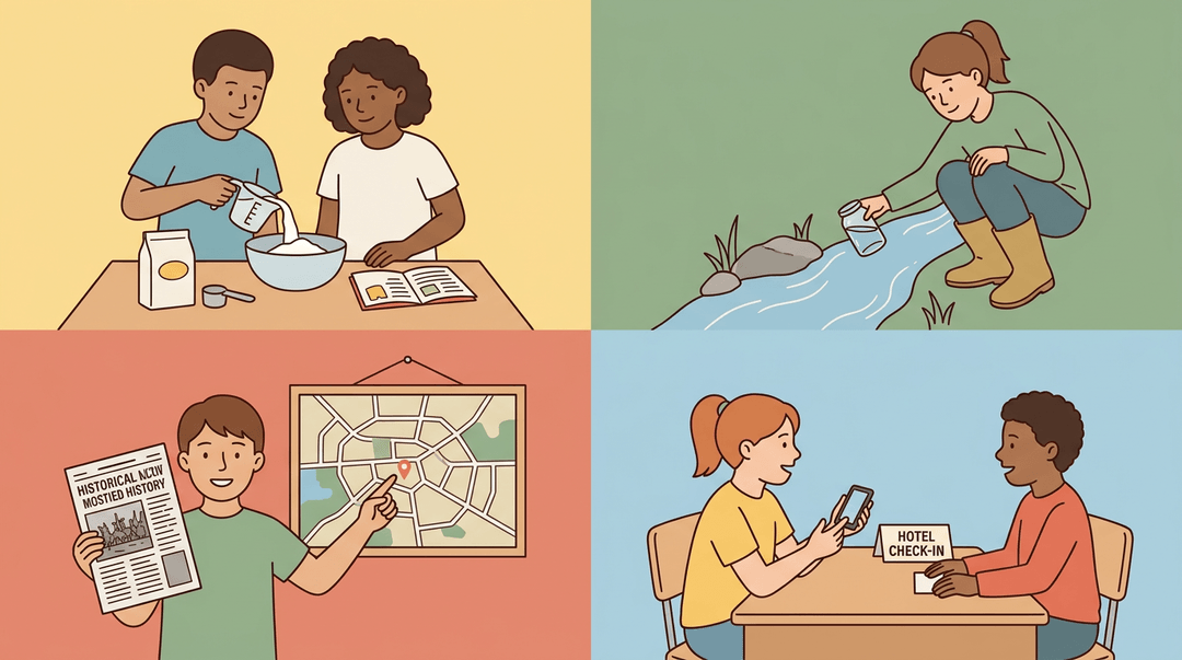 Four panels show students engaged in real-world learning: measuring ingredients, collecting water samples, studying local history, and role-playing.