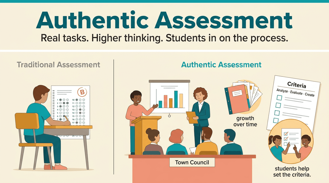 A two-part graphic contrasting traditional assessment (student with bubble sheet) with authentic assessment (student presenting, rubrics, portfolio).