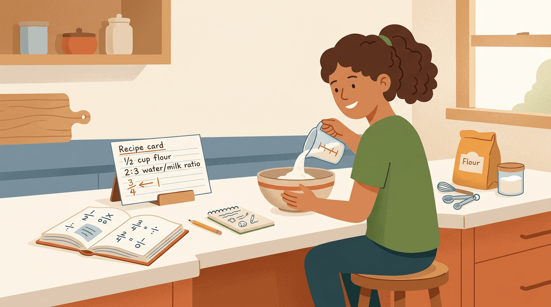 A student measures ingredients in a mixing bowl, using a recipe card with fractions and ratios, with a math textbook nearby.