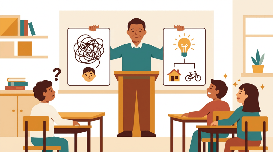 A teacher presents two concepts to students: one unclear and confusing, the other simple, relevant, and engaging.
