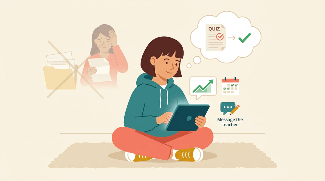 A calm student uses a tablet to track progress and fix mistakes, replacing past stress with confidence.