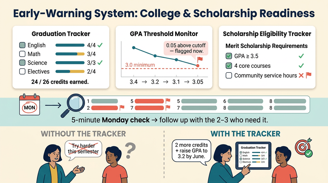 An infographic showing college readiness tools, a weekly monitoring workflow, and a before-and-after comparison of student counseling conversations.