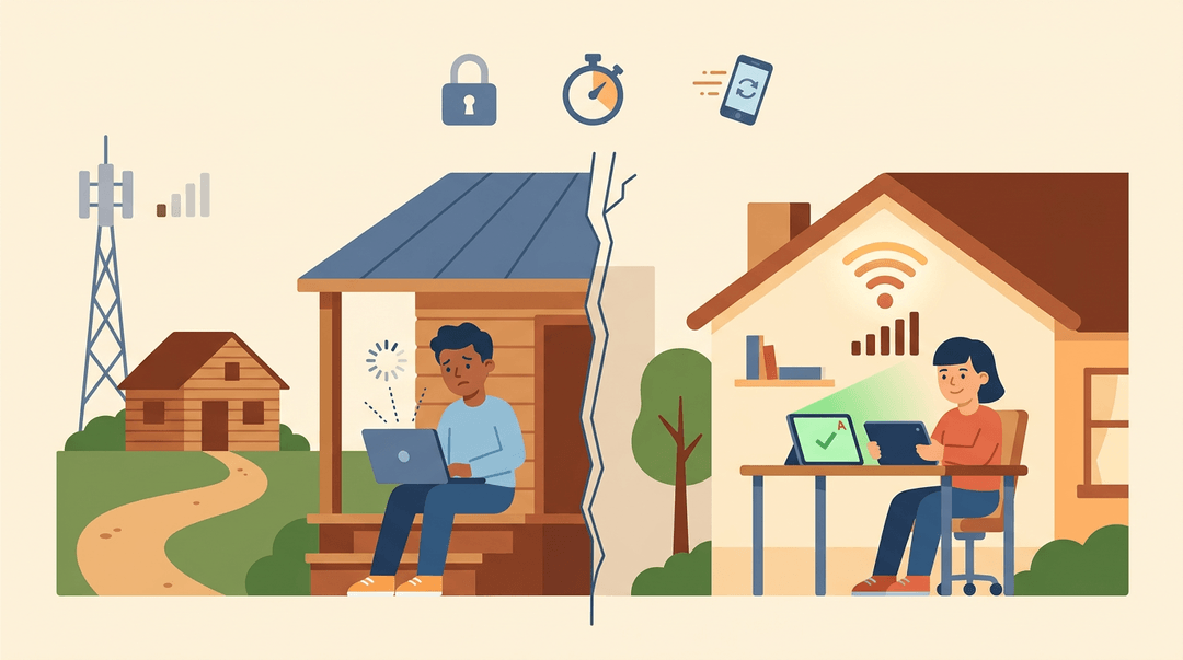 A split illustration contrasting a rural student struggling with poor connectivity and an urban student succeeding online, highlighting the digital divide.